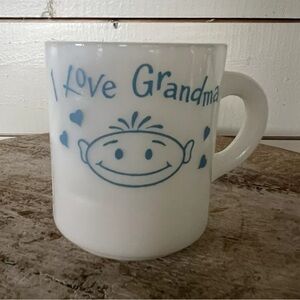 VINTAGE MILK GLASS COFFEE MUG I LOVE GRANDMA MILK GLASS BLUE